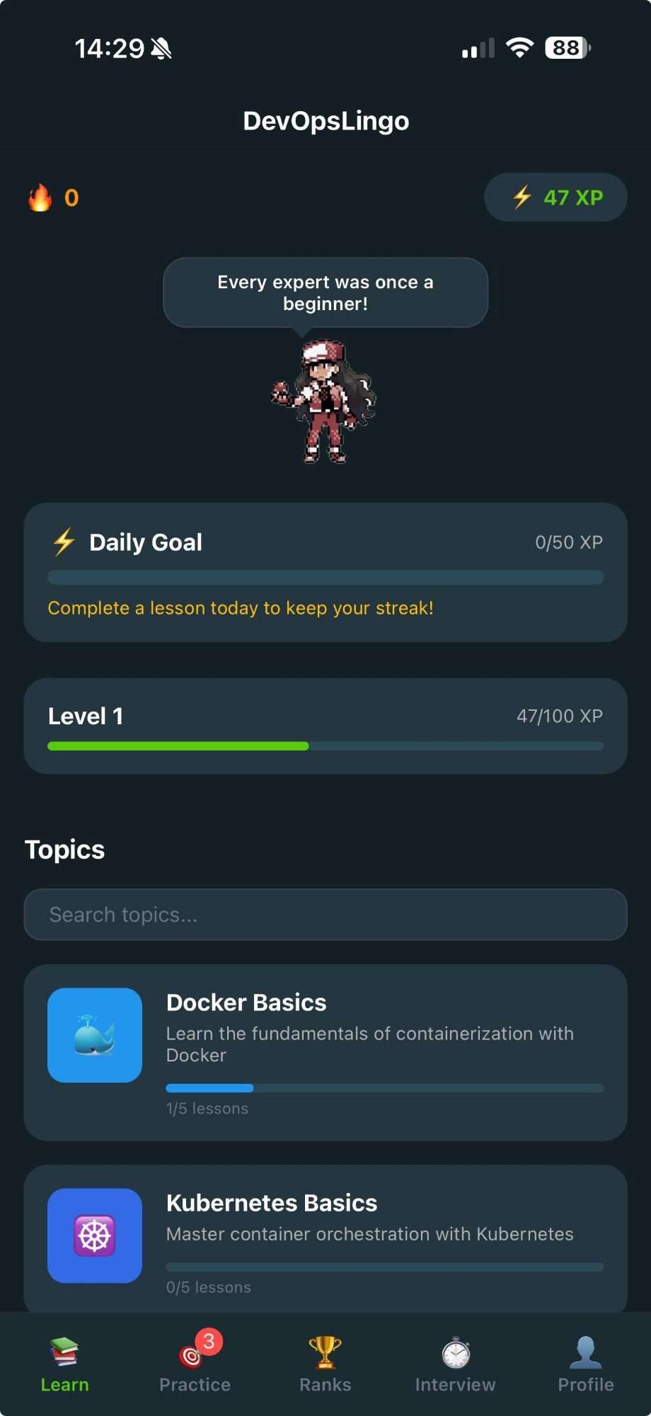 DevOpsLingo app home screen showing daily XP goal, level progress, and topic list