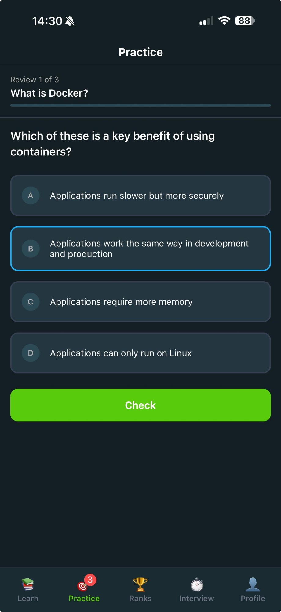 Practice screen in DevOpsLingo app