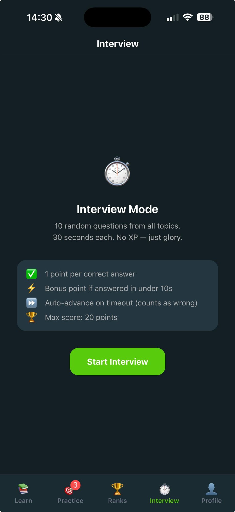 Interview Mode screen in DevOpsLingo app