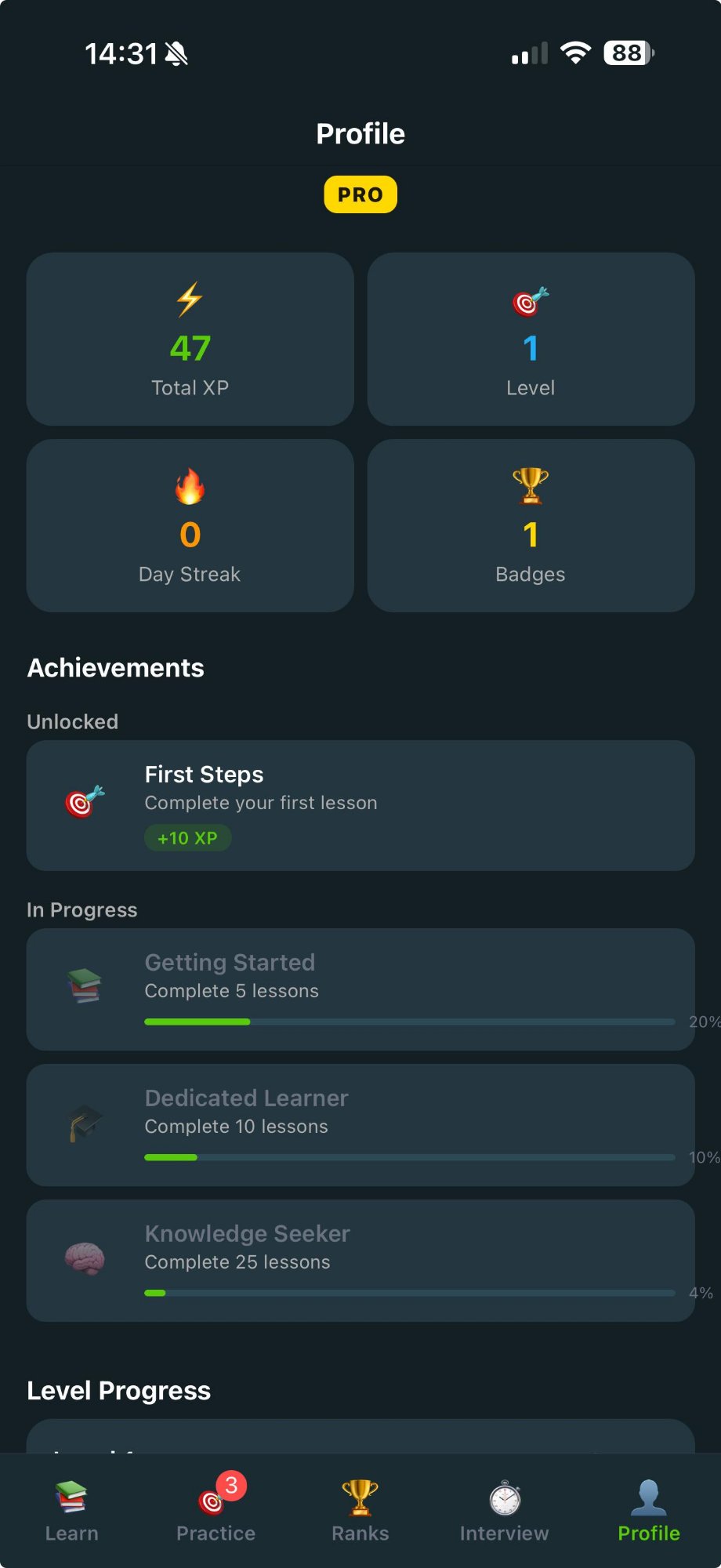 Profile & Achievements screen in DevOpsLingo app