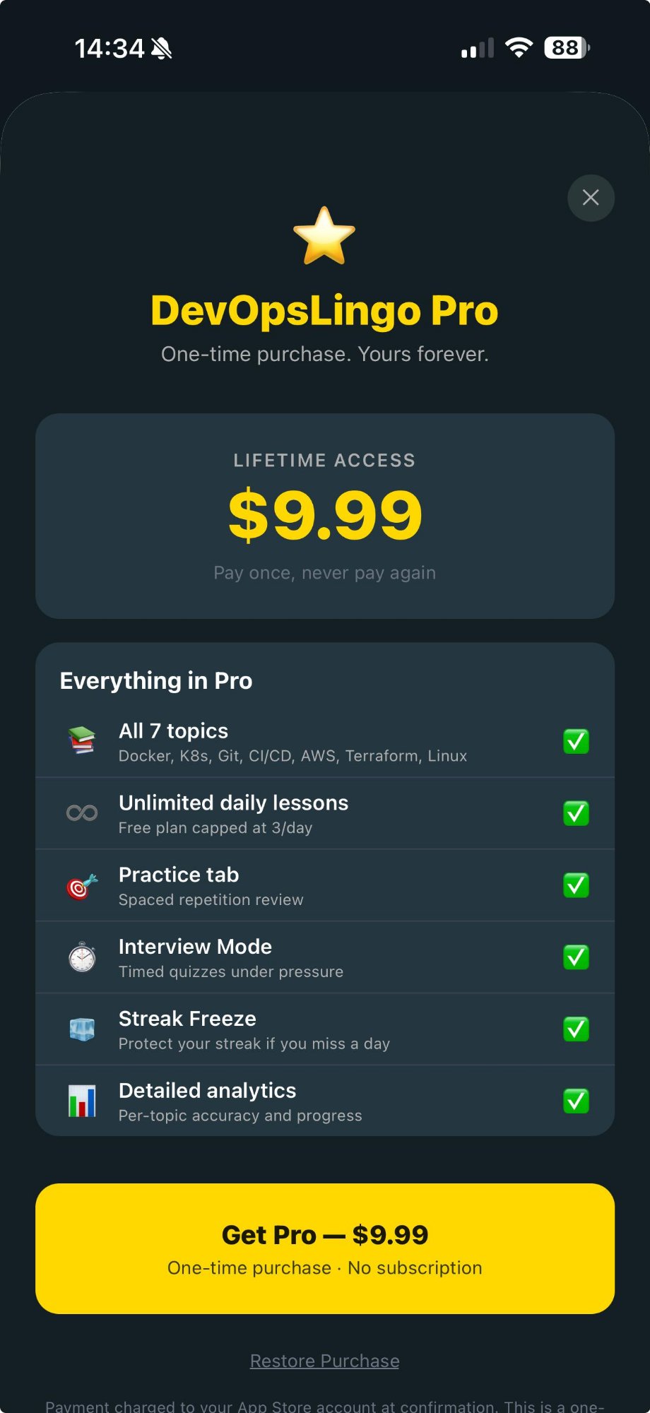 DevOpsLingo Pro screen in DevOpsLingo app